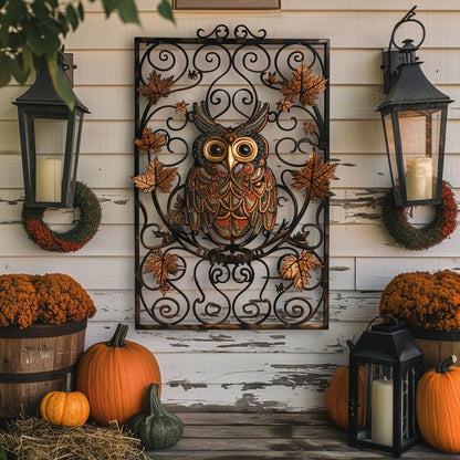 UV Printed Aluminum Owl Metal Wall Art, Rustic Woodland Botanical Decor