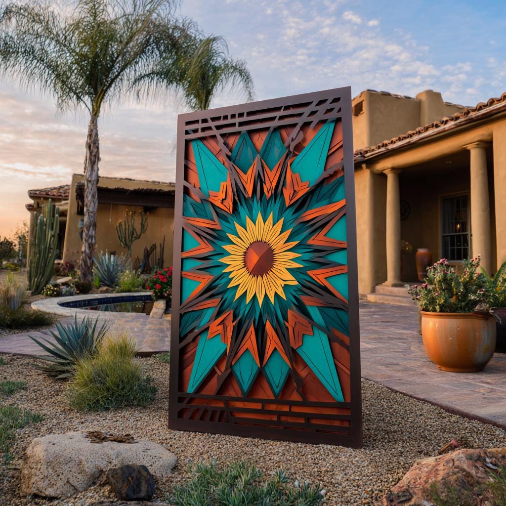Southwest Sun Metal Wall Art, Desert Landscape Decor, UV Printed Aluminum Hanging Sign