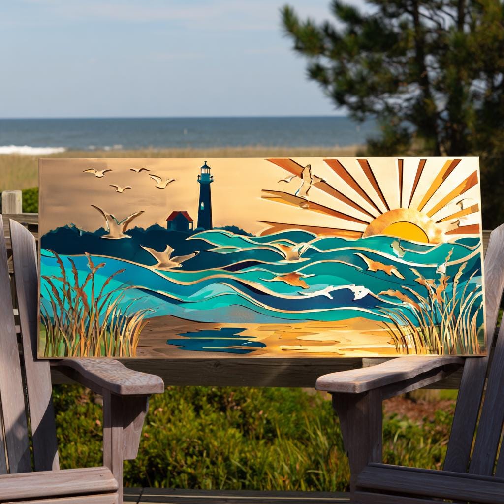 Ocean Lighthouse Metal Wall Art, Coastal Beach House Decor, UV Printed Aluminum Sign