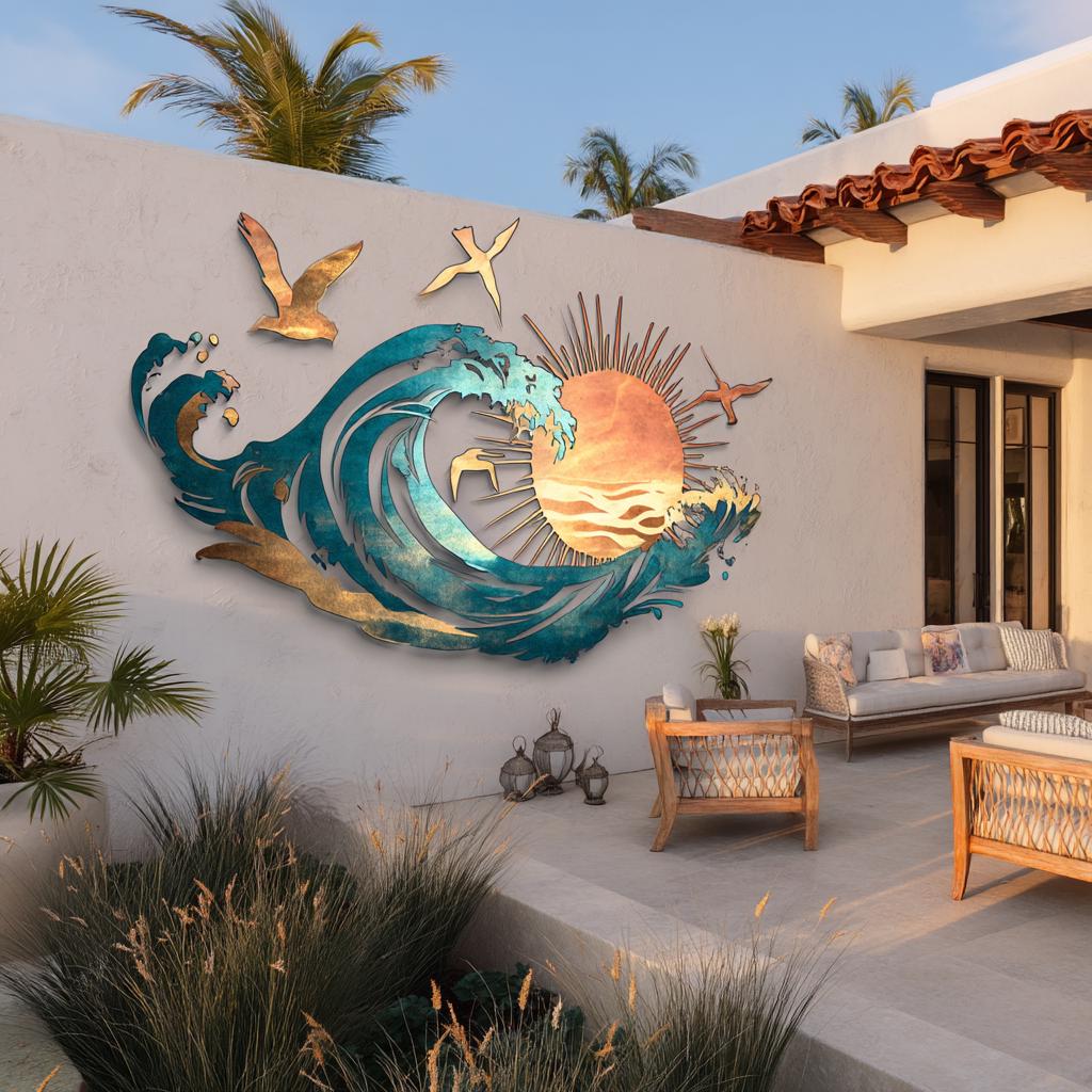 Ocean Wave Sun Metal Art, Coastal Beach House Decor, UV Printed Aluminum Sign