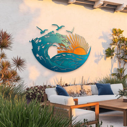 Ocean Wave Sun Metal Art, Coastal Beach House Decor, UV Printed Aluminum Sign