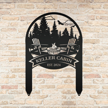 Family Name Firepit Scene Yard Stake - Rustic Personalized Camping Decor, great way to display your camp lot number or address!