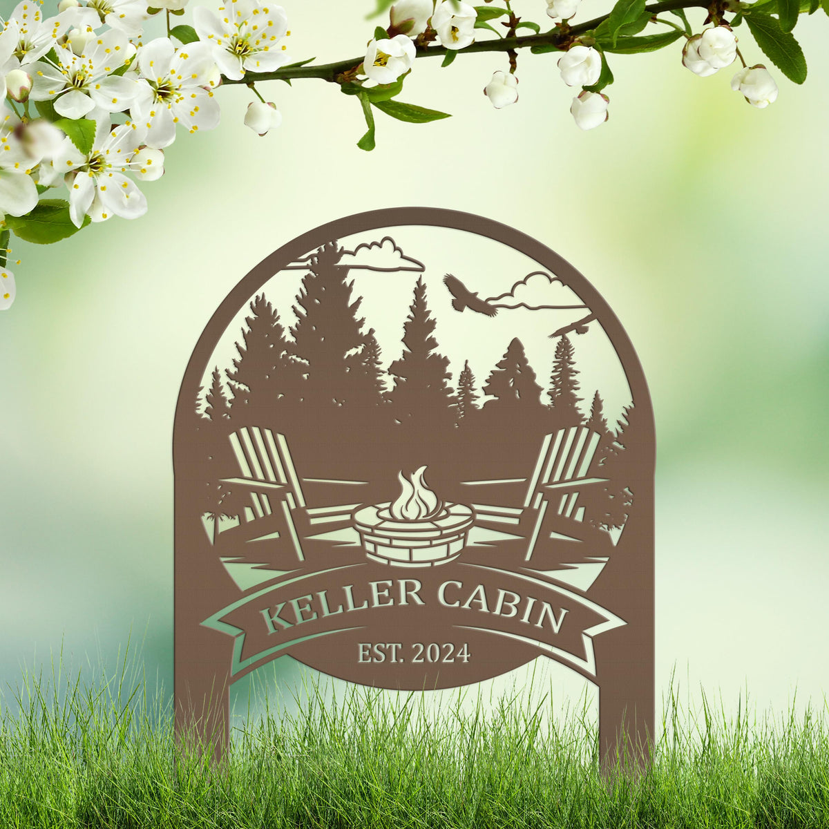 Family Name Firepit Scene Yard Stake - Rustic Personalized Camping Decor, great way to display your camp lot number or address!