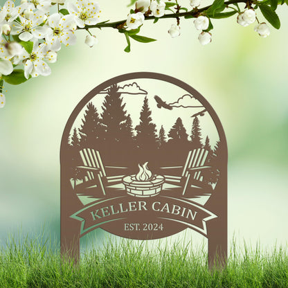 Family Name Firepit Scene Yard Stake - Rustic Personalized Camping Decor, great way to display your camp lot number or address!