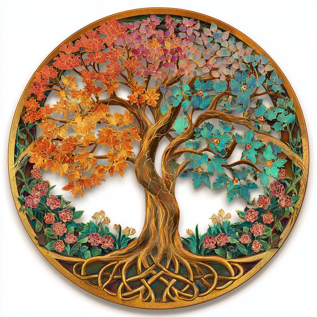 UV Printed Aluminum Four Seasons Tree of Life Metal Wall Art, Celtic Botanical Decor