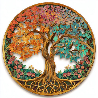 UV Printed Aluminum Four Seasons Tree of Life Metal Wall Art, Celtic Botanical Decor