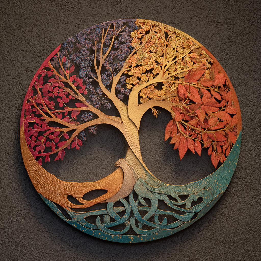 UV Printed Aluminum Four Seasons Tree of Life Metal Wall Art, Celtic Botanical Decor