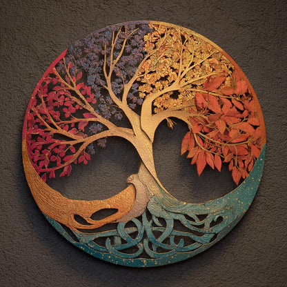 UV Printed Aluminum Four Seasons Tree of Life Metal Wall Art, Celtic Botanical Decor