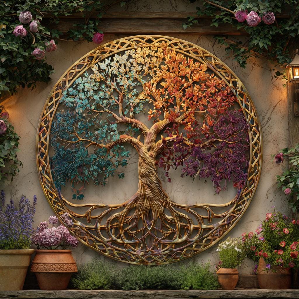 UV Printed Aluminum Four Seasons Tree of Life Metal Wall Art, Celtic Botanical Decor
