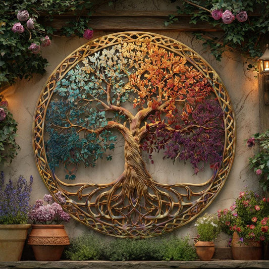 UV Printed Aluminum Four Seasons Tree of Life Metal Wall Art, Celtic Botanical Decor