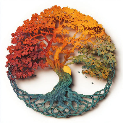 UV Printed Aluminum Four Seasons Tree of Life Metal Wall Art, Celtic Botanical Decor
