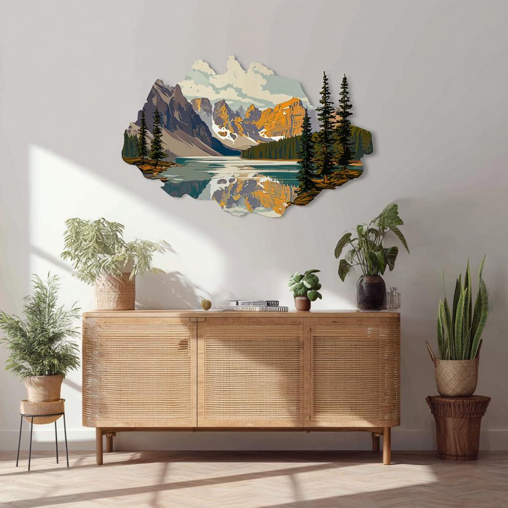 UV Printed Aluminum Mountain Lake Wall Art, Pine Forest Landscape Decor