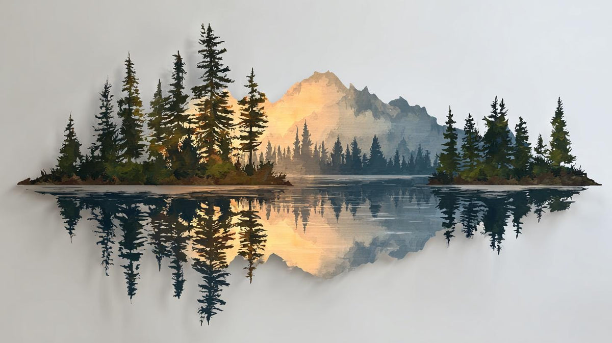 UV Printed Aluminum Mountain Lake Wall Art, Pine Forest Landscape Decor