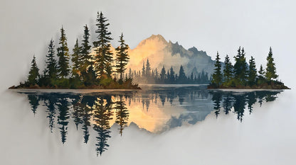 UV Printed Aluminum Mountain Lake Wall Art, Pine Forest Landscape Decor