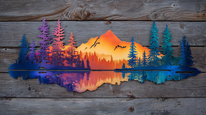 UV Printed Aluminum Mountain Lake Wall Art, Pine Forest Landscape Decor