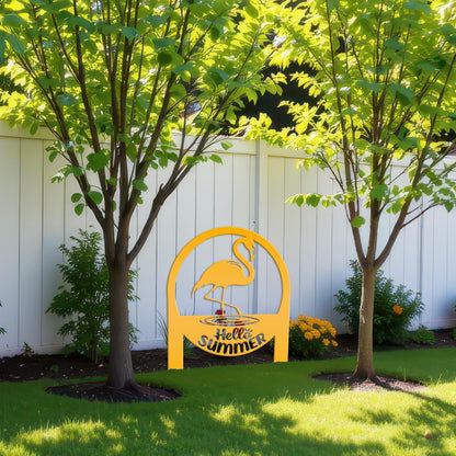 Charming Metal Flamingo Decor - Perfect Summer Garden Accent Art - Unique Tropical Beach Yard Decorations - Novelty Hello Summer Lawn Stakes