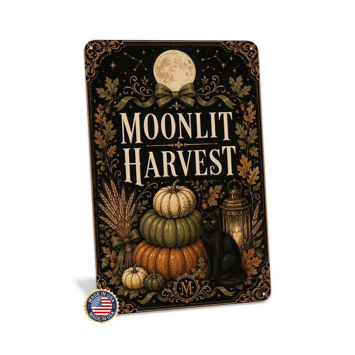 Moonlit Harvest Metal Sign, Black Cat Sign, Pumpkin Sign, Halloween Decor, Black Cat Decor, Spooky Season, October Decor, Fall Metal Sign