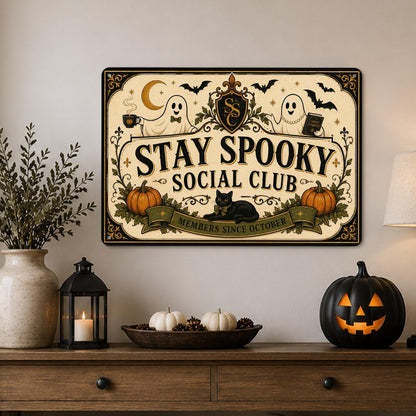 Stay Spooky Social Club Metal Sign, Halloween Decor, Spooky Season, Halloween Signs, Ghost Halloween, Ghost Decor, Cute Ghost Sign, Haunted