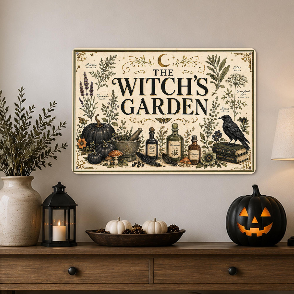 The Witch's Garden Metal Sign, Herbs, Potions, Crow Halloween Decor, Gothic Halloween, Potion Sign, Halloween Sign, Witch Garden, October