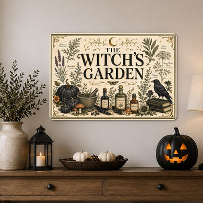 The Witch's Garden Metal Sign, Herbs, Potions, Crow Halloween Decor, Gothic Halloween, Potion Sign, Halloween Sign, Witch Garden, October