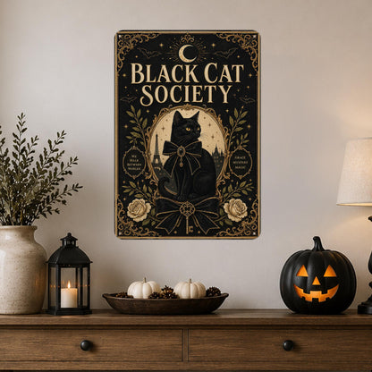 Black Cat Society Metal Sign, Black Cat Sign, Halloween Decor, Gothic Halloween, Halloween Cat, Cat Lover Gift, Spooky Cat Decor, October