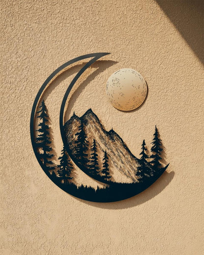 Moon Mountain Metal Art, Crescent Forest Scene, UV Printed Aluminum Wall Decor