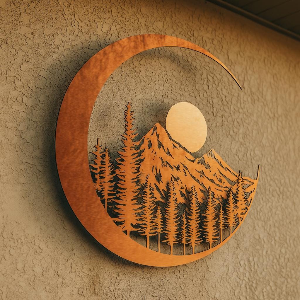 Moon Mountain Metal Art, Crescent Forest Scene, UV Printed Aluminum Wall Decor