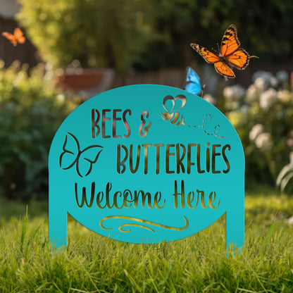 Garden Sign with Bees and Butterflies, Metal Yard Stake, Outdoor Garden Decor, Mother's Day Gift idea,