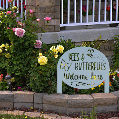 Garden Sign with Bees and Butterflies, Metal Yard Stake, Outdoor Garden Decor, Mother's Day Gift idea,