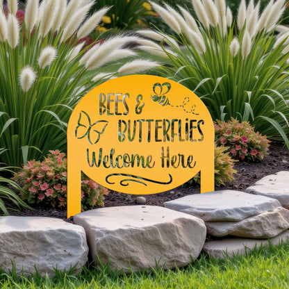 Garden Sign with Bees and Butterflies, Metal Yard Stake, Outdoor Garden Decor, Mother's Day Gift idea,