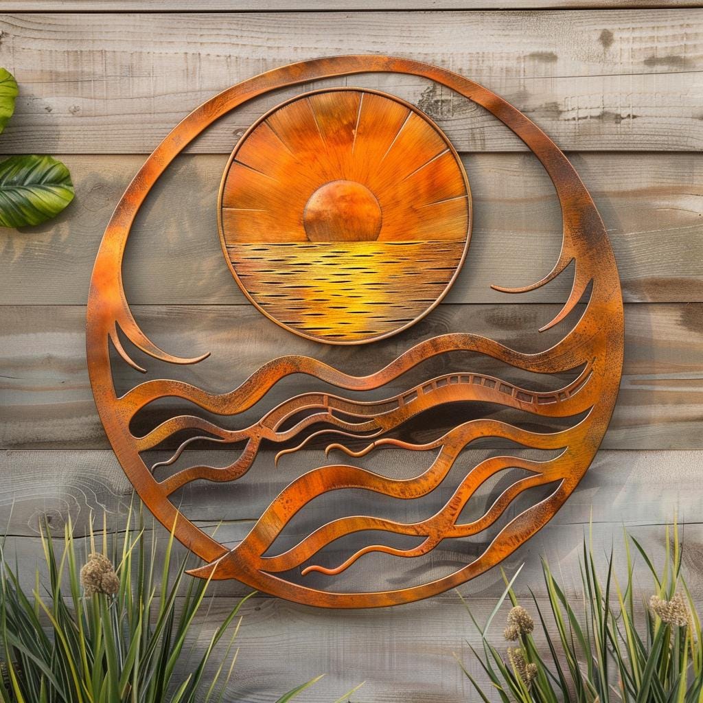 Coastal Sunset Metal Wall Art, Ocean Sunburst Sign, Beach House Decor, UV Printed Aluminum