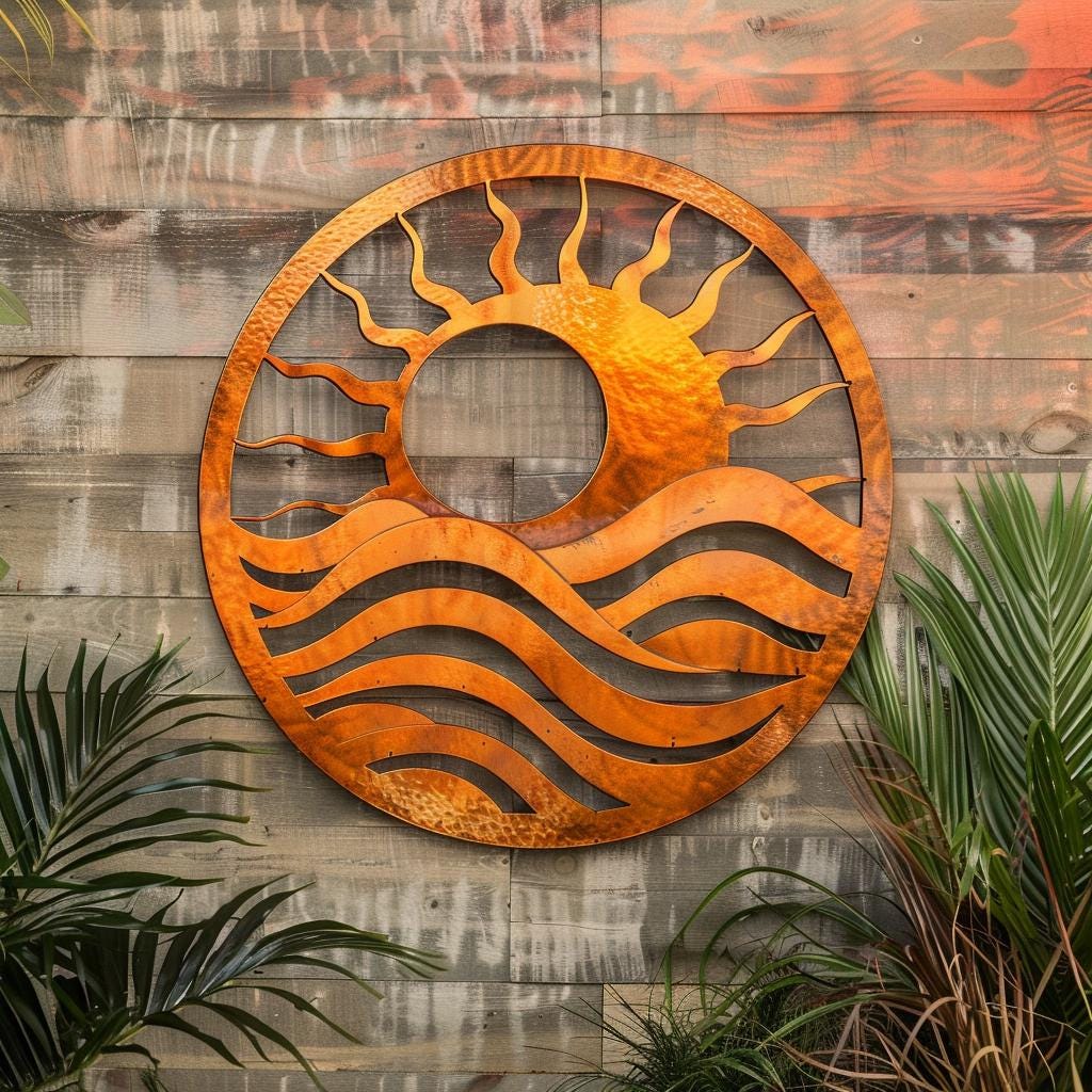 Coastal Sunset Metal Wall Art, Ocean Sunburst Sign, Beach House Decor, UV Printed Aluminum