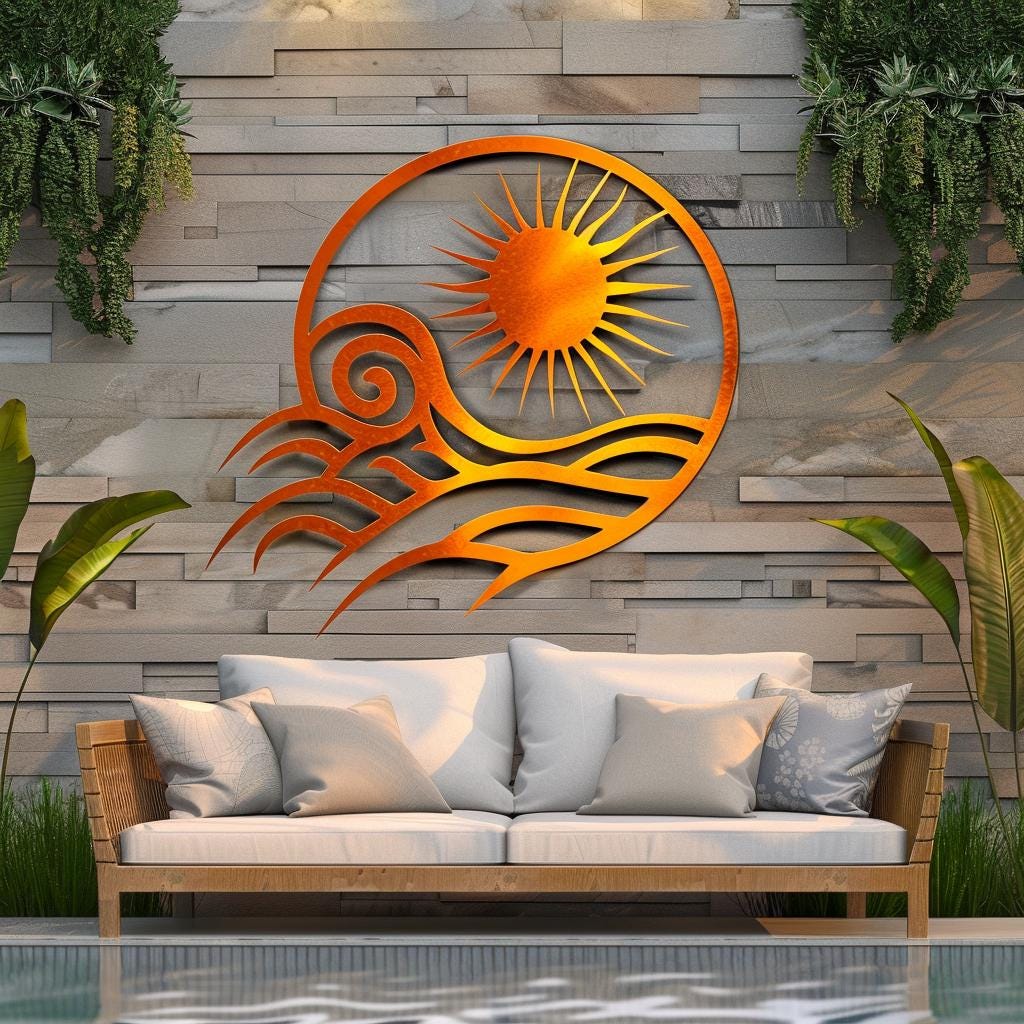 Coastal Sunset Metal Wall Art, Ocean Sunburst Sign, Beach House Decor, UV Printed Aluminum