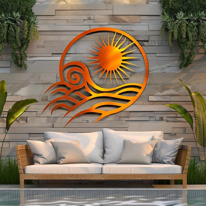 Coastal Sunset Metal Wall Art, Ocean Sunburst Sign, Beach House Decor, UV Printed Aluminum