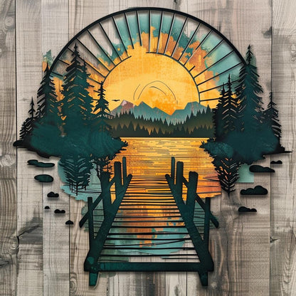 UV Printed Aluminum Metal Wall Art, Lake Dock Sunburst, Mountain Cabin Decor