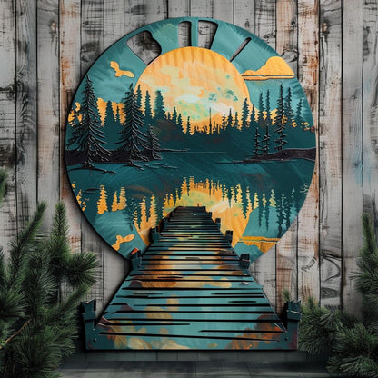 UV Printed Aluminum Metal Wall Art, Lake Dock Sunburst, Mountain Cabin Decor