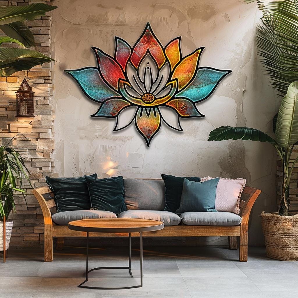 Lotus Sunburst Metal Wall Art, Colorful Mandala Spiritual Decor, UV Printed Aluminum Sign