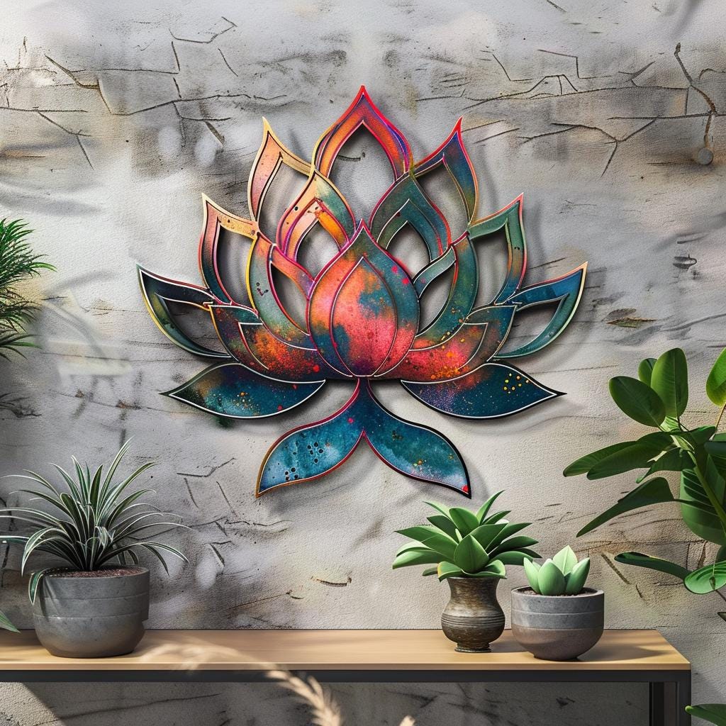 Lotus Sunburst Metal Wall Art, Colorful Mandala Spiritual Decor, UV Printed Aluminum Sign