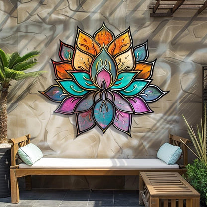 Lotus Sunburst Metal Wall Art, Colorful Mandala Spiritual Decor, UV Printed Aluminum Sign