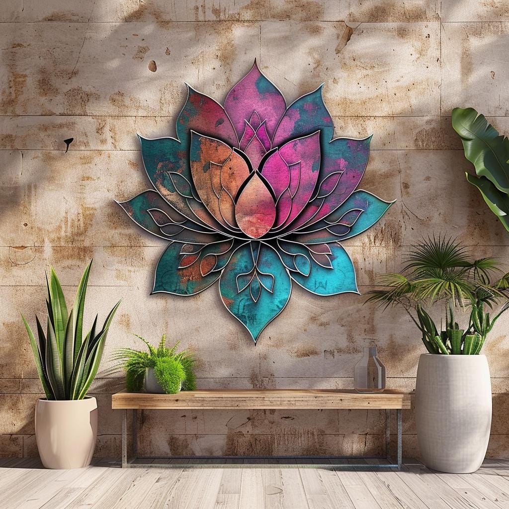 Lotus Sunburst Metal Wall Art, Colorful Mandala Spiritual Decor, UV Printed Aluminum Sign