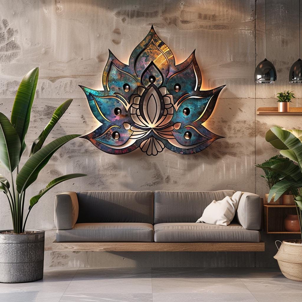 Lotus Sunburst Metal Wall Art, Colorful Mandala Spiritual Decor, UV Printed Aluminum Sign