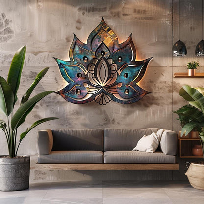Lotus Sunburst Metal Wall Art, Colorful Mandala Spiritual Decor, UV Printed Aluminum Sign