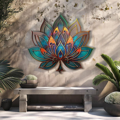 Lotus Sunburst Metal Wall Art, Colorful Mandala Spiritual Decor, UV Printed Aluminum Sign