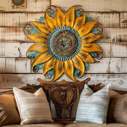 Rustic Sunflower Metal Wall Art, Golden Floral Farmhouse Sign, UV Printed Aluminum Decor