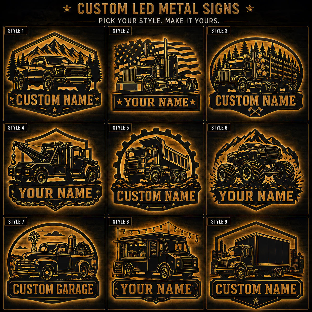 Personalized Truck Driver LED Sign, Custom Metal Wall Decor With 9 Truck Styles, Garage Shop Man Cave Gift