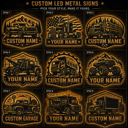 Personalized Truck Driver LED Sign, Custom Metal Wall Decor With 9 Truck Styles, Garage Shop Man Cave Gift