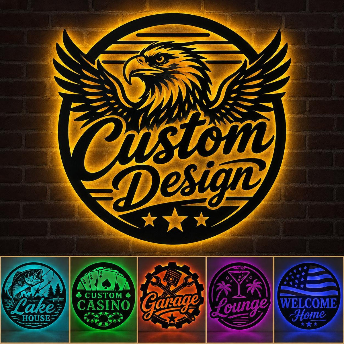 Custom Eagle Metal Wall Light, Personalized LED Sign for Home Bar, Workshop or Game Room