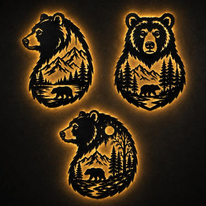 LED Bear Wall Sign, Rustic Wildlife Metal Decor With Forest River Mountain Scene, Outdoor Lover Gift