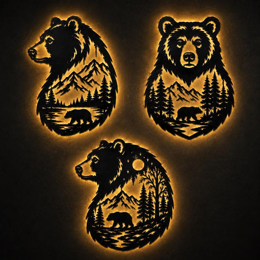 LED Bear Wall Sign, Rustic Wildlife Metal Decor With Forest River Mountain Scene, Outdoor Lover Gift