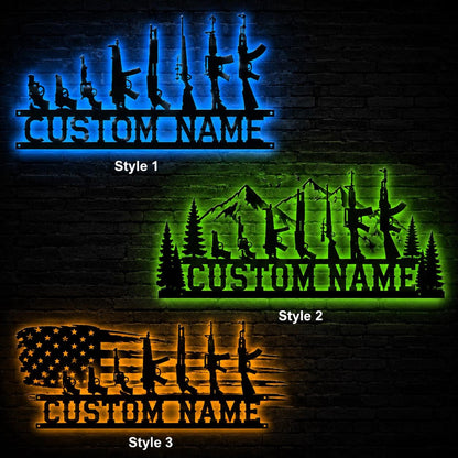 Personalized Shooting Sports Sign, Custom Name Metal Wall Art, LED Firearm Decor, Man Cave Wall Sign, Sportsman Gift